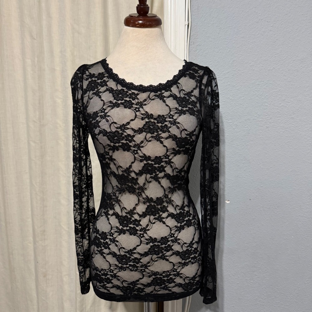 Y2K Fairy Bozzolo‎ Black Lace Sheer Long Sleeve Top V-Neck Women M Whimsigoth